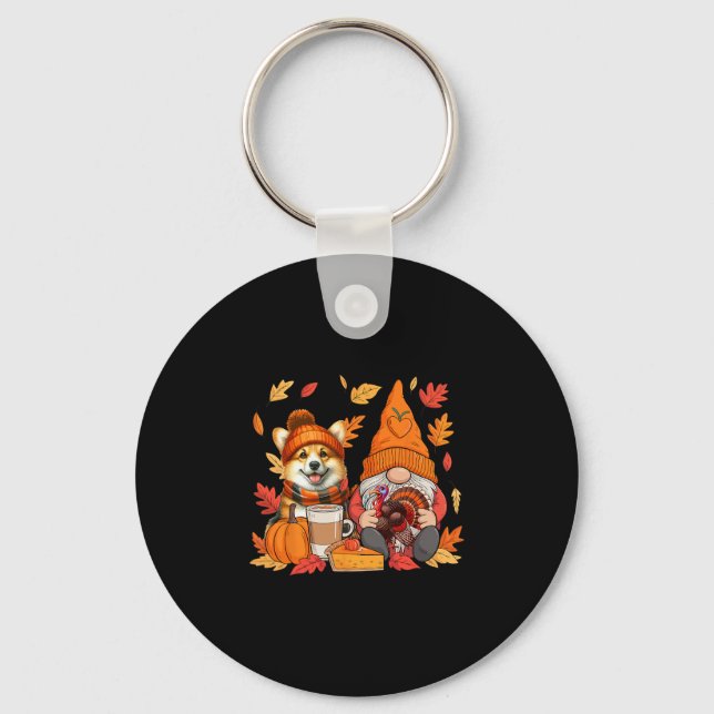 Gnome Turkey Corgi Thanksgiving Fall Leaves Pumpki Key Ring (Front)