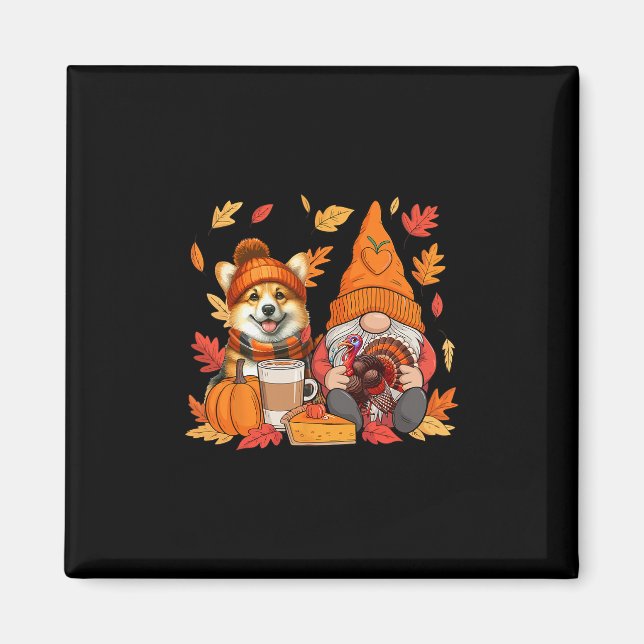 Gnome Turkey Corgi Thanksgiving Fall Leaves Pumpki Magnet (Front)