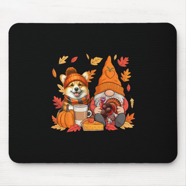 Gnome Turkey Corgi Thanksgiving Fall Leaves Pumpki Mouse Pad (Front)