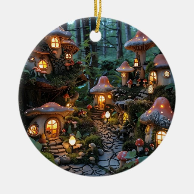 Gnome village at evening time ceramic tree decoration (Front)