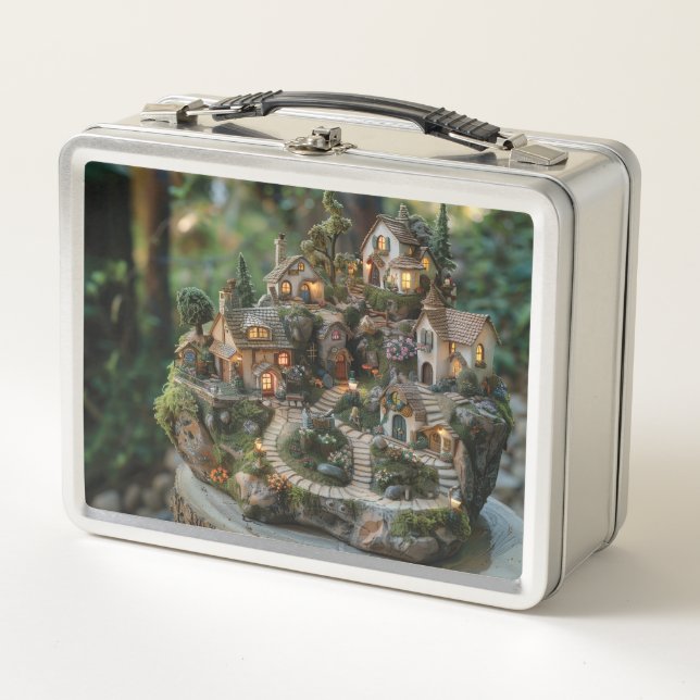 Gnome village on a tree trunk metal lunch box (Front)