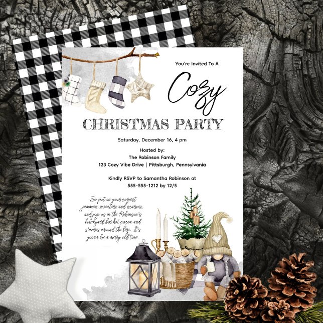 Gnome Watercolor Cosy Christmas Party Invitation (Hygge-Themed Gnome design "Cozy Christmas Party" -- great for indoor and outdoor holiday gatherings.)