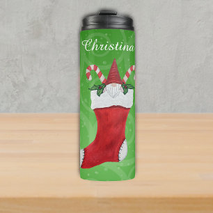 Gnome White Beard in Christmas Stocking on Swirls Thermal Tumbler