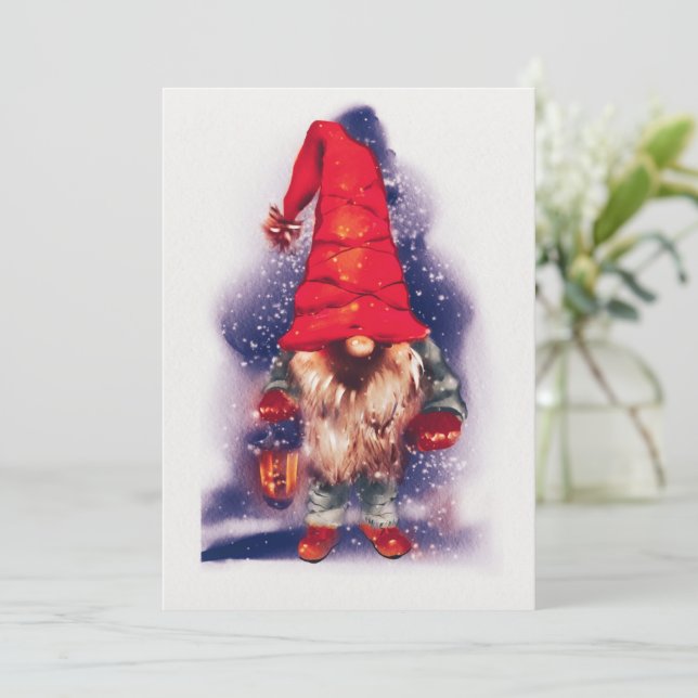 Gnome with a Lantern Christmas Holiday Card (Standing Front)