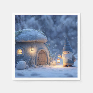 Gnome with a Lantern Outside a Snowy Stone Hut Napkin