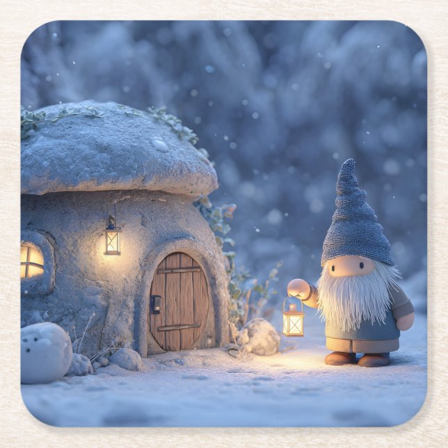 Gnome with a Lantern Outside a Snowy Stone Hut Square Paper Coaster (Front)