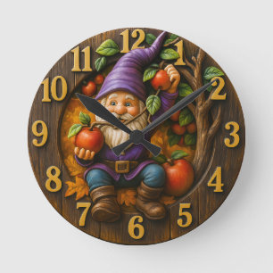 Gnome with apples harvest fantasy round clock