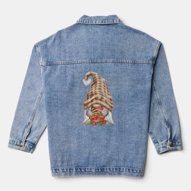 Gnome with Basket of Strawberries Plaid Hat Womens Denim Jacket (Back)