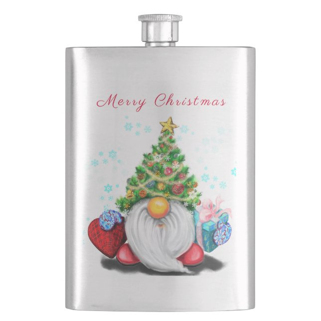 Gnome with Christmas Tree Hat and Gift Flask (Front)