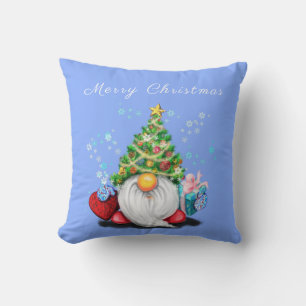 Gnome with Christmas Tree Hat and Gift For You Cushion