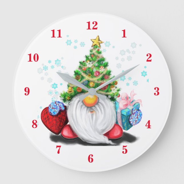 Gnome with Christmas Tree Hat and Gift - Fu Large Clock (Front)