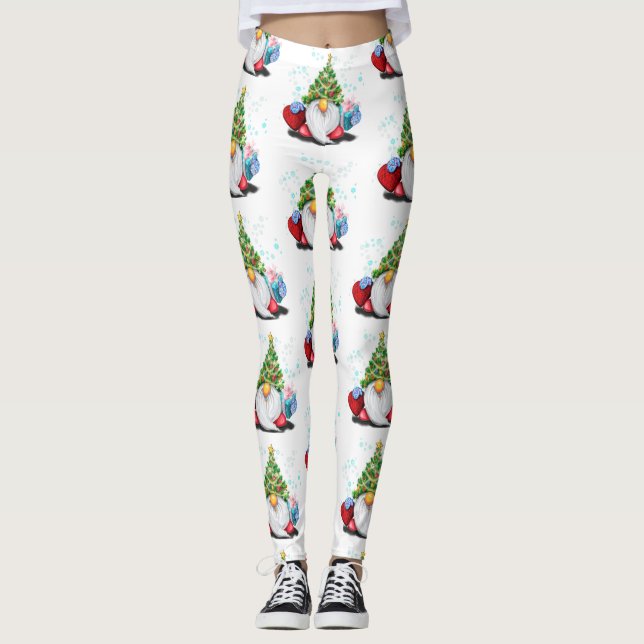 Gnome with Christmas Tree Hat and Gift - Fun Leggings (Front)