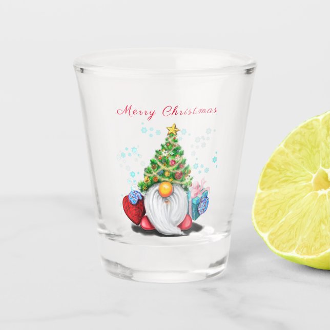 Gnome with Christmas Tree Hat and Gift Shot Glass (Front)