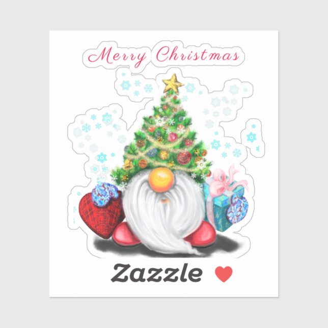 Gnome with Christmas Tree Hat and Gift Sticker (Sheet)