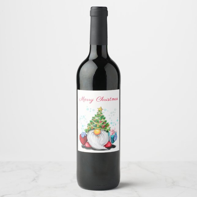 Gnome with Christmas Tree Hat and Gift Wine Label (Front)