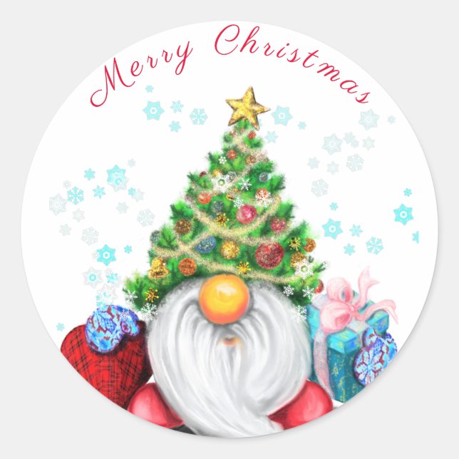 Gnome with Christmas Tree Hat Gift Sticker (Front)