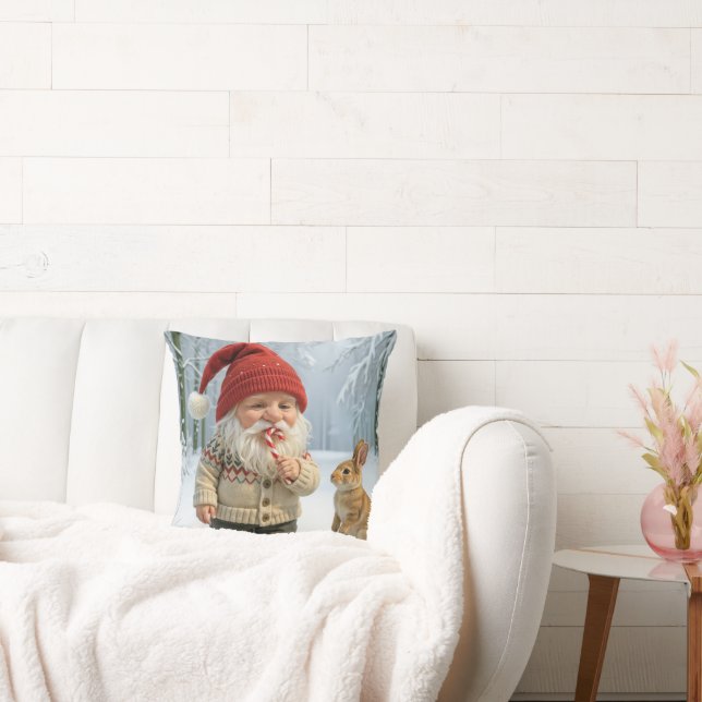 Gnome With Enjoying a Candy Cane In Snowy Forest Cushion (Couch)