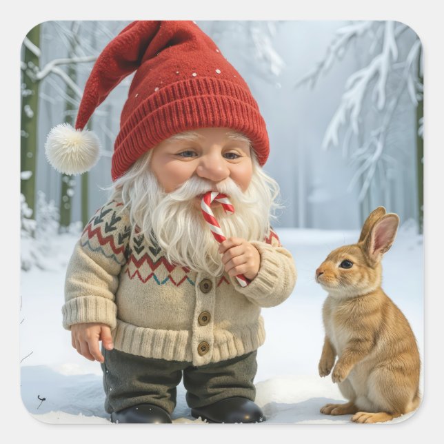 Gnome With Enjoying a Candy Cane In Snowy Forest Square Sticker (Front)