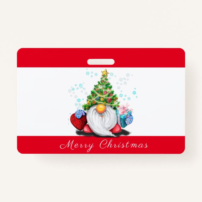Gnome with Gift Christmas Party Badge ID Badge (Front)