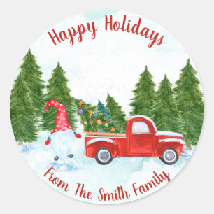 Gnome with Red Truck Holiday Classic Round Sticker