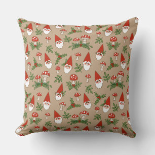 Gnomes and Mushrooms on Tan Woodland Holiday Cushion