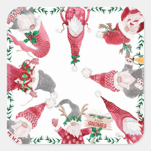 Gnomes Christmas Holiday Red Grey Cute Watercolor Square Sticker (Front)