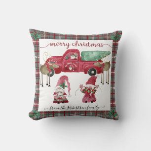 Gnomes Christmas Tree Farm Red Truck Grey Plaid Cushion