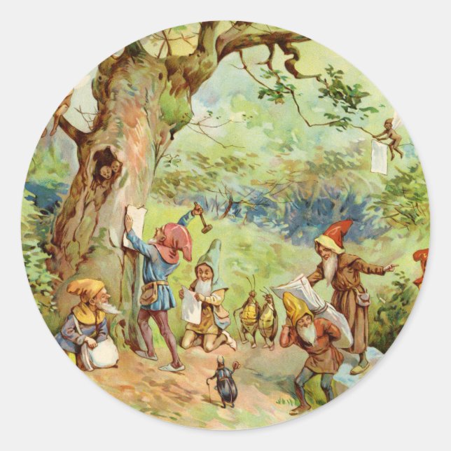 Gnomes, Elves and Fairies in the Magical Forest Classic Round Sticker (Front)