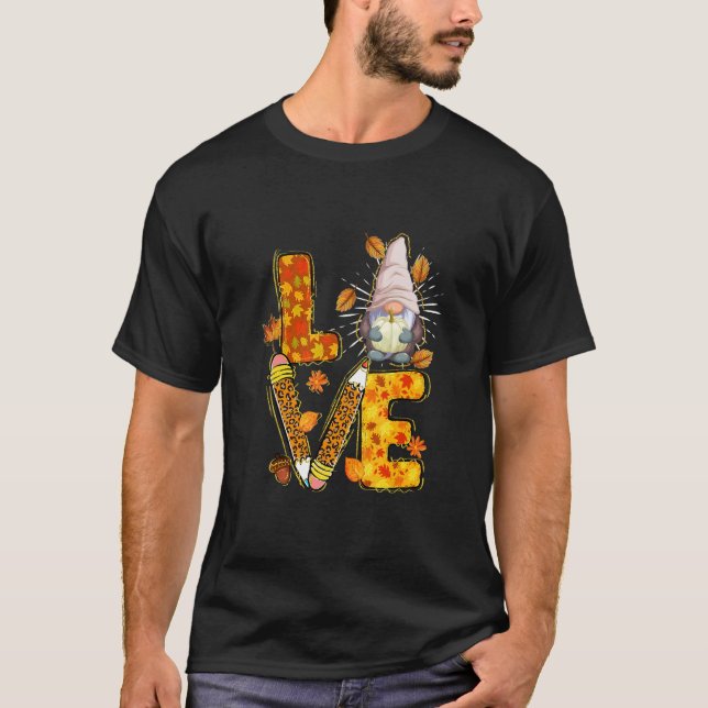 Gnomes Fall Leaf tree Autumn Thanksgiving love tea T-Shirt (Front)
