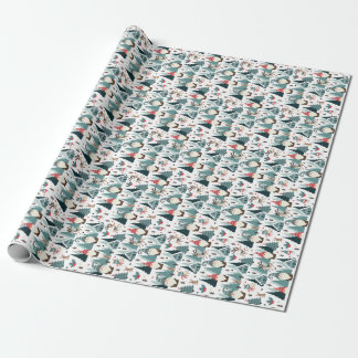Gnomes, fir trees, snowmen, rabbits, deer, forest wrapping paper