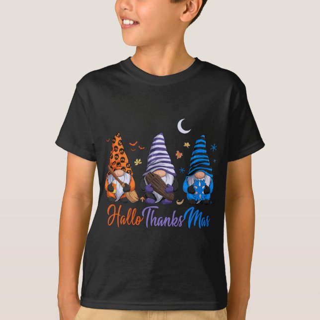 Gnomes Halloween Thanksgiving Christmas Happy Hall T-Shirt (Front)