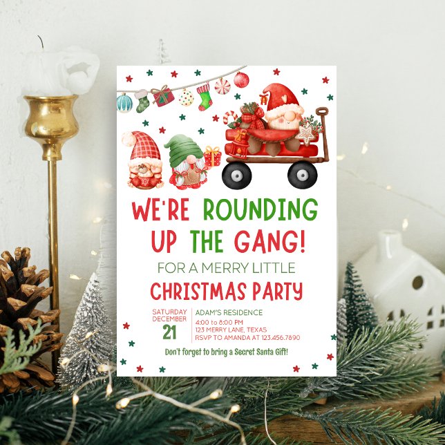 Gnomes Holiday Fun Christmas Party Invitation (We're Rounding Up the Gang Christmas Party Invitation)