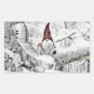 Gnomes in the snow watercolor painting rectangular sticker
