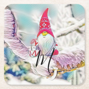 Gnomes in the snow watercolor painting  square paper coaster