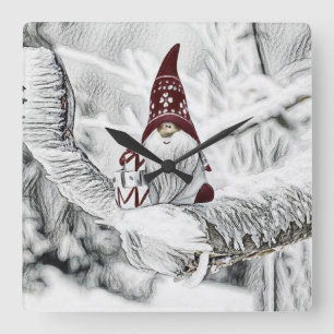 Gnomes in the snow watercolor painting  square wall clock