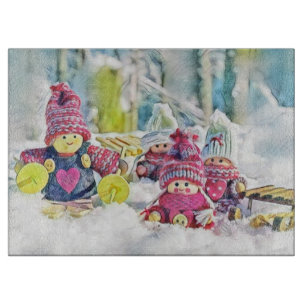 Gnomes in the snow watercolor painting vintage cutting board
