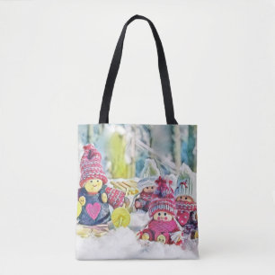 Gnomes in the snow watercolor painting vintage tote bag