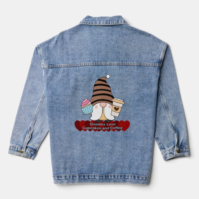 Gnomes Love Cupcakes and Coffee Womens Denim Jacket (Back)