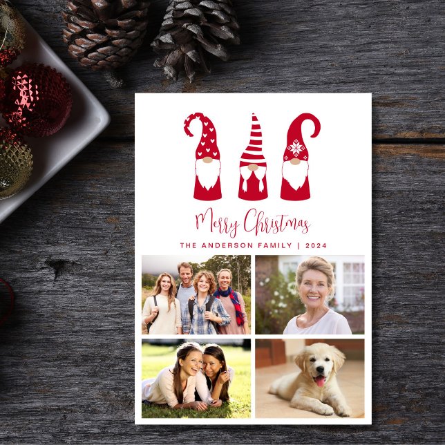 Gnomes Merry Christmas Photo Holiday Card (This holiday season, let your family's smiles and heartwarming memories shine on our 4 photo card)