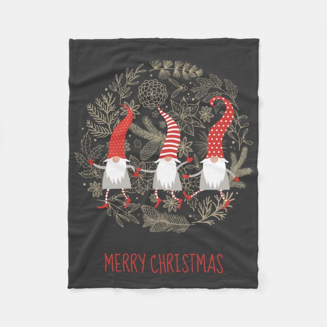 Gnomes Merry Christmas Red Black Fleece Blanket (Front)