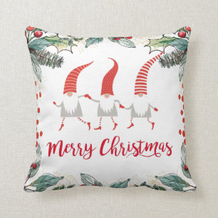 Gnomes Merry Christmas Red On White Cushion
