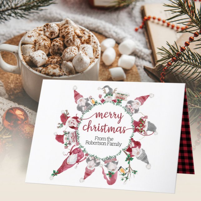 Gnomes Merry Christmas Reindeer Watercolor Plaid Holiday Card (Creator Uploaded)