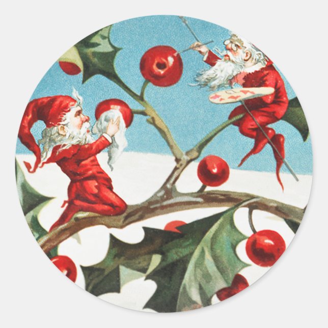 Gnomes painting holly berries in the snow classic round sticker (Front)