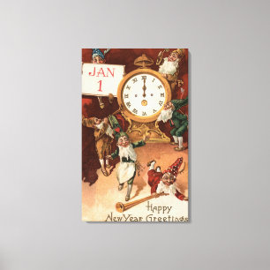 Gnomes Partying Around a Clock Canvas Print