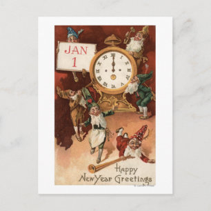 Gnomes Partying Around a Clock Holiday Postcard