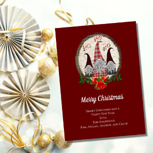 Gnomes Red Burgundy Rustic Christmas Holiday Card