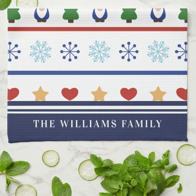 Gnomes & Snowflakes Christmas Pattern - Name Tea Towel (Folded)