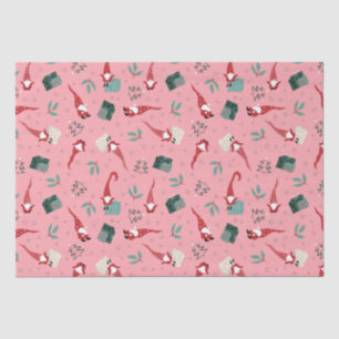 Gnomes with Christmas trees and gifts on pink Tissue Paper