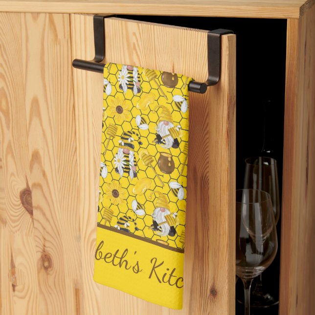 Gnomes Yellow Sunflowers Bees Honey Personalised Tea Towel (Thirds Fold)