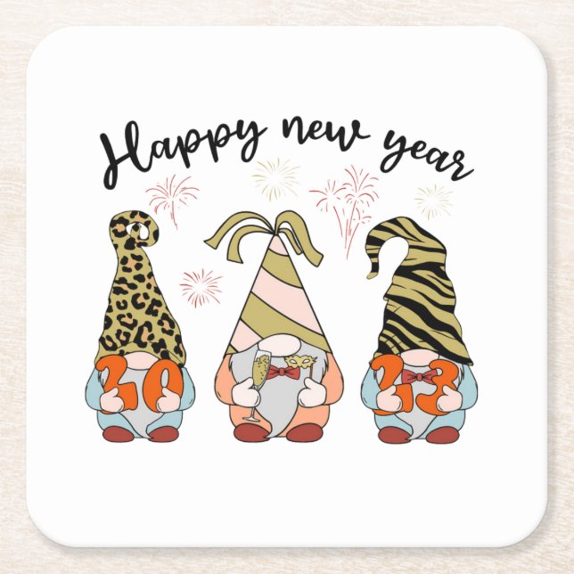 Gnomies New Year | New Year 2023 | Happy New Year Square Paper Coaster (Front)
